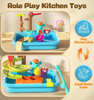 CUTE STONE Play Sink with Running Water, 4-in-1 Toy Kitchen Sink with Manual Faucet,